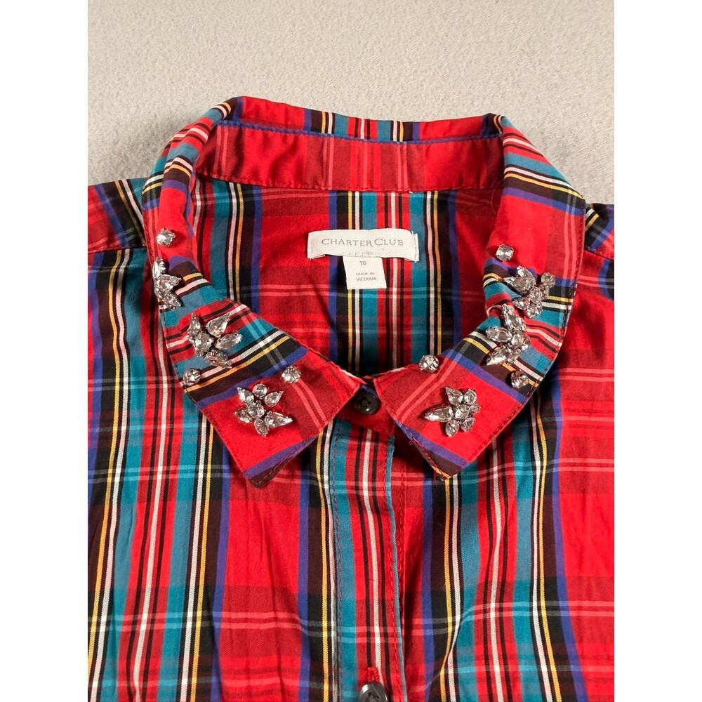 Size 16 Vintage Charter Club Plaid womens plaid button up with jeweled collar